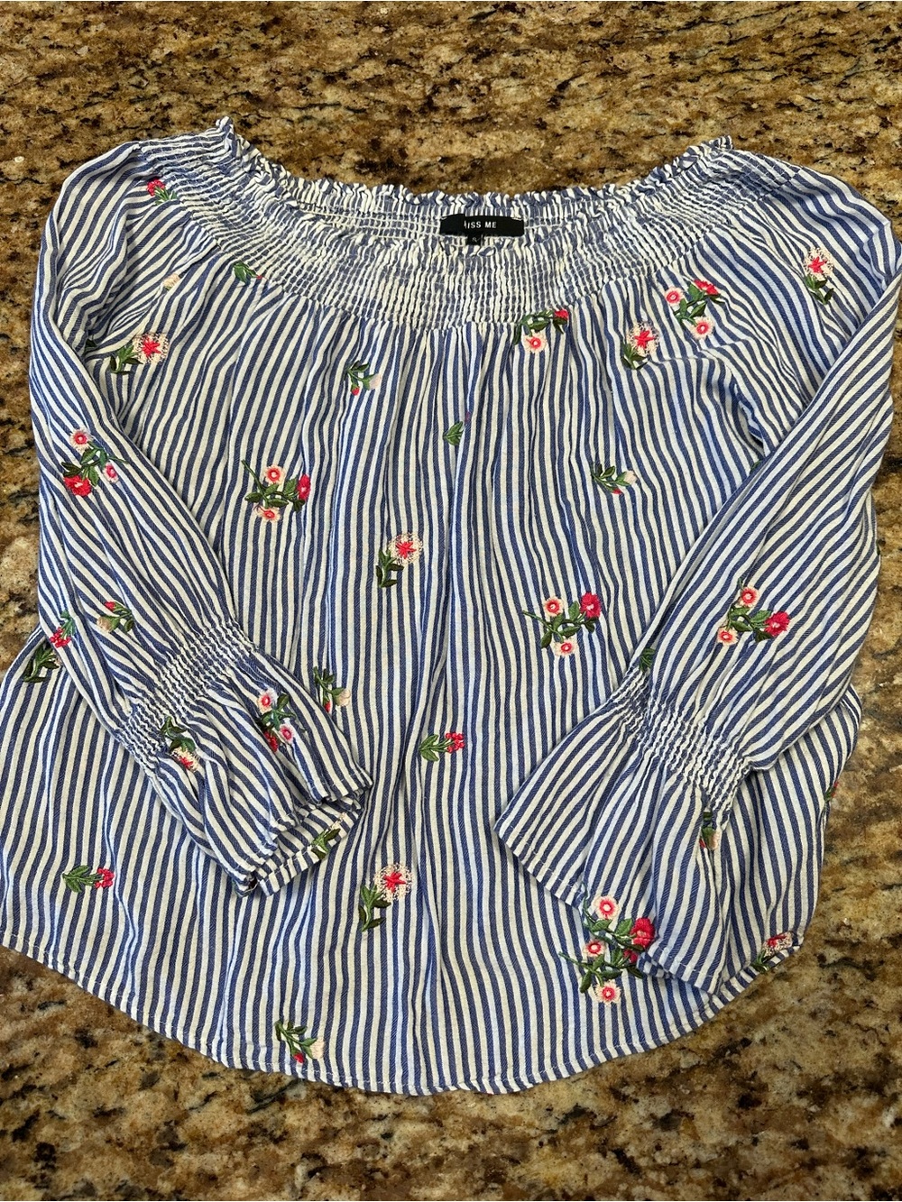 Miss Me Blue and White Striped Off-Shoulder Floral Top